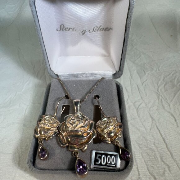 Sterling Silver Jewelry - Sterling Silver Rose Jewelry Set W/ Amethyst Teardrop Accents Necklace Earrings